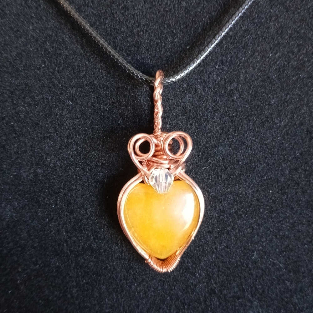 Yellow calcite heart copper wire wrapped heart pendant black cord necklace New